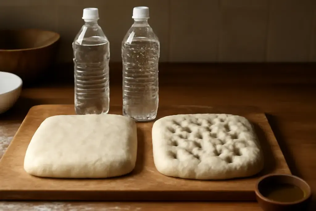 Lievi differenze tra acqua gasata e naturale nell’impasto della focaccia: la scelta che cambia consistenza